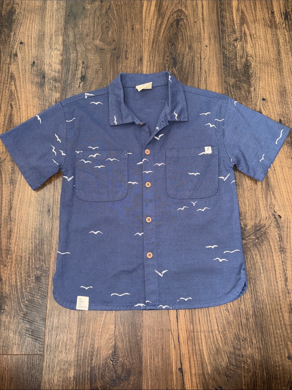NWOT Boys Blue Short-Sleeve Button-Down Shirt with Seagull Print